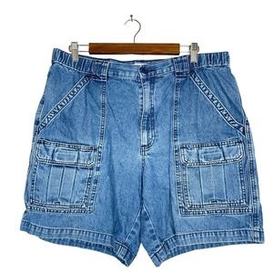 Savane 36 Mens Blue Medium Wash Regular Fit Flat Front Cargo Pockets Jean Shorts